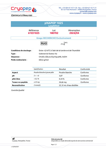 Certificat d'analyses pNAPEP-1025 Substrat Chromogène FXa